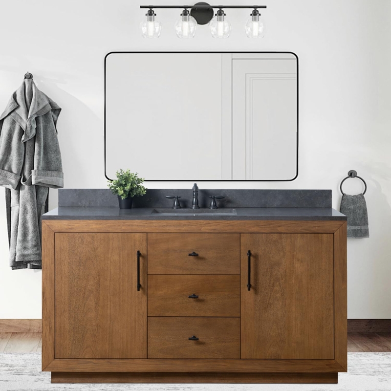 Tan Wood Bathroom Vanity, Charcoal Top & Matte Black Hardware