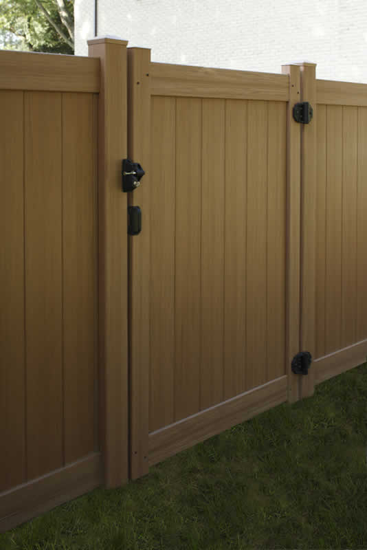 Tan Wood Grain Vinyl Privacy Fence Gate with Black Hardware