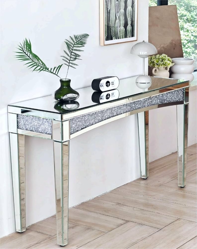 Tapered Leg Mirrored Console Table with Crushed Diamond Inlay
