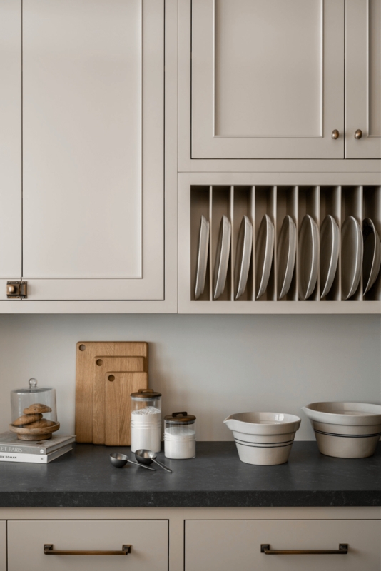 Taupe Shaker Cabinets featuring Integrated Plate Rack Design (68 characters)
