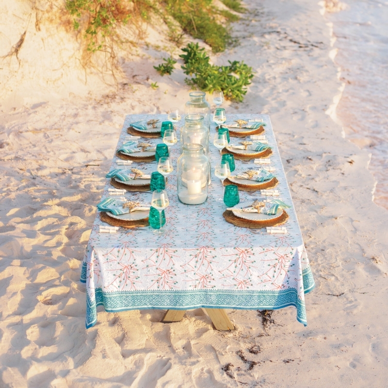 Teal and Coral Sea Fan Pattern Tablecloth for Beach Dining