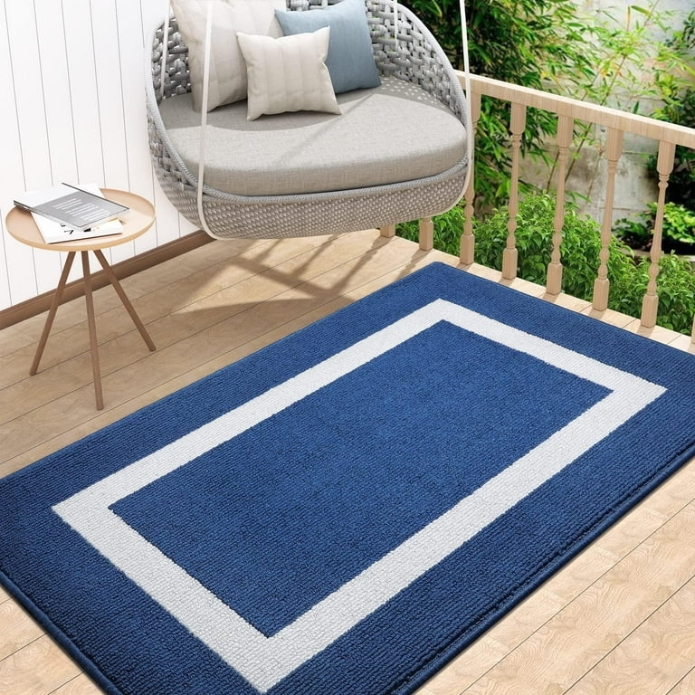 Textured Area Rug Navy Blue Base White Border Modern Coastal Patio