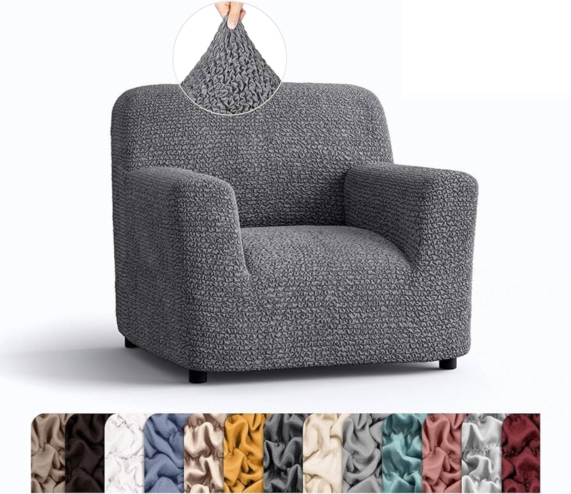 Textured Armchair Slipcover Dark Grey Crinkled Fabric High Stretch
