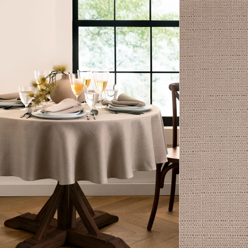 Textured Round Tablecloth in Beige Grid Weave for Transitional Dining