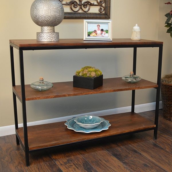 Three-Shelf Console Table Slim Metal Frame Wood Toned Open Shelving