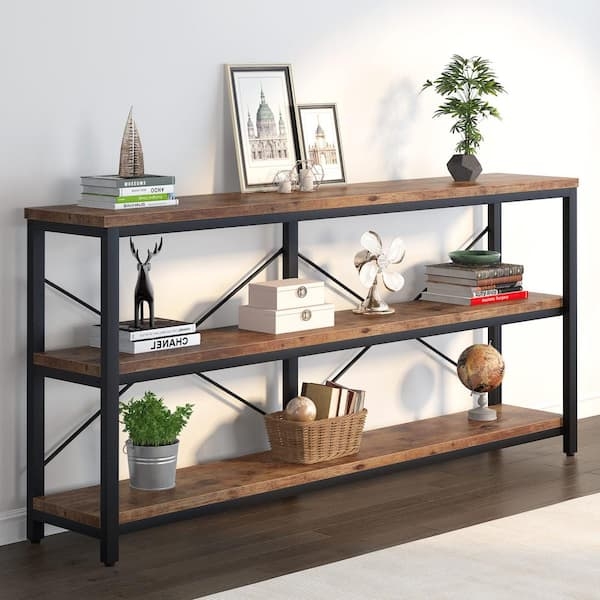 Three-Tier Console Table Extra Long Profile Rustic Industrial Storage