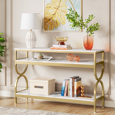 Three Tier Console Table with Curved Side Supports and Marble Look
