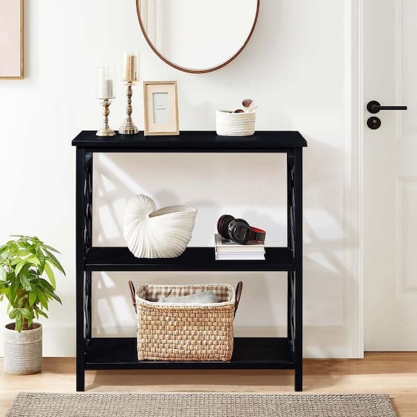 Three-Tier Console Table X-Frame Sides Matte Black Storage