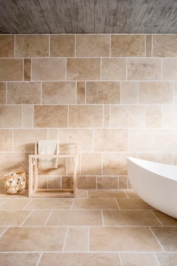 Tile Bathroom Versailles Pattern Honed Finish Minimalist Stone Look Concrete Ceiling