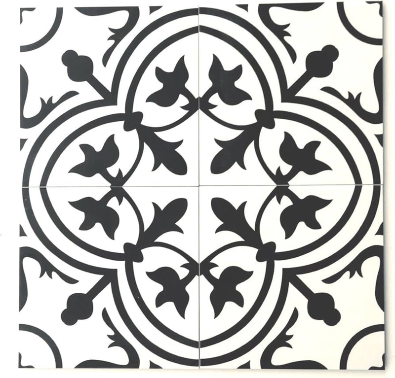 Tile Circular Pattern Repeat Black White Floral Motif Matte Finish