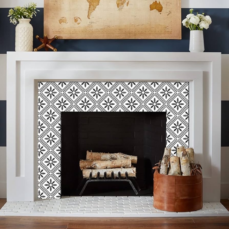 Tile Decals: Black and White Star Pattern Peel and Stick Fireplace