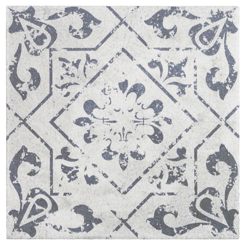 Tile Distressed Damask Pattern Washed White Charcoal Porcelain Rustic
