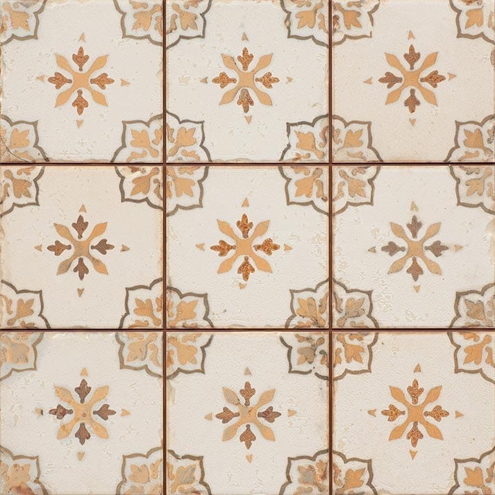 Tile Distressed Finish Traditional Motifs Warm Cream Ochre