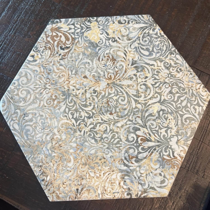 Tile, Distressed Hexagonal Damask Pattern, Cream and Blue-Gray