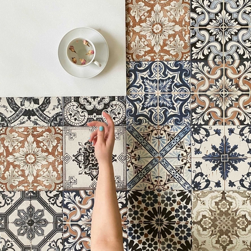 Tile Eclectic Mix Marrakesh Motif Brown Blue Porcelain Bohemian