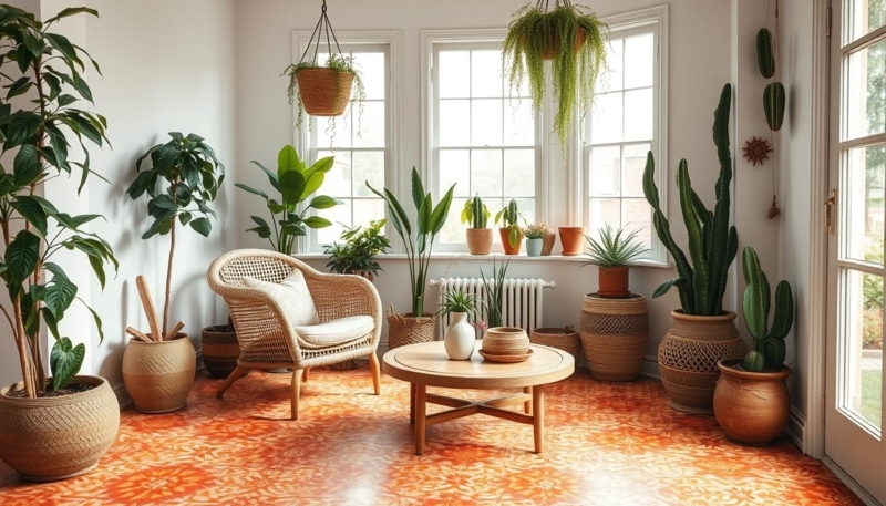 Tile Floor with Terracotta Orange Geometric Pattern, Boho Sunroom