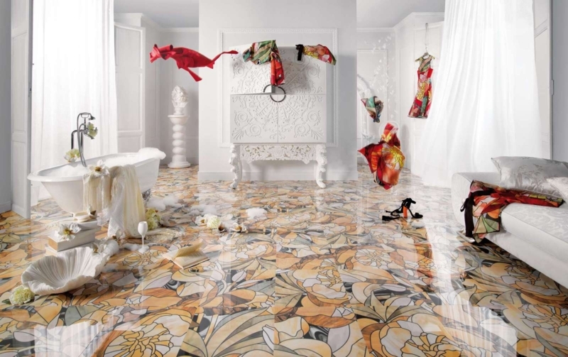 Tile Flooring: Oversized Floral Pattern, High Gloss Finish, Eclectic Design