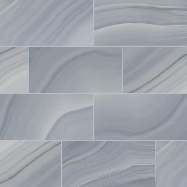 Tile Glossy Coastal Blue Stone Look Staggered Layout