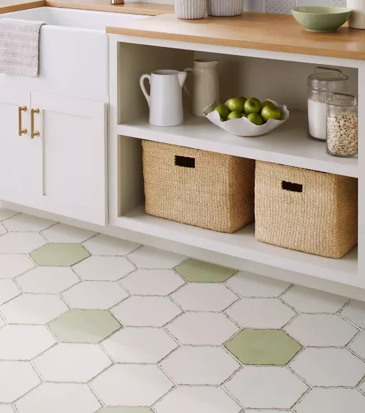 Tile Hexagon Floor Matte White And Sage Green Ceramic