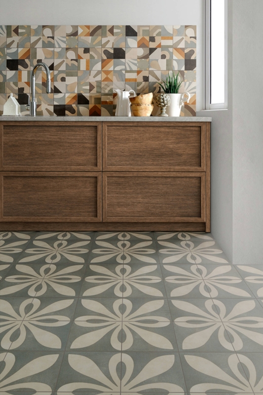 Tile Kitchen Backsplash with Geometric Mosaic and Floral Floor