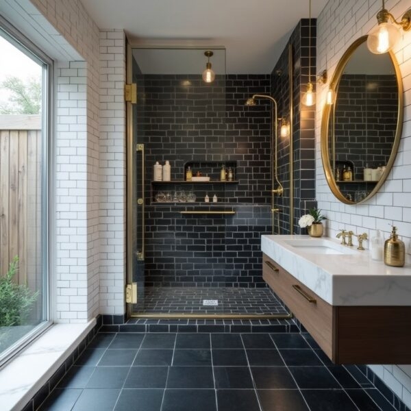 Tile Matte Black Ceramic Subway Pattern Shower Design