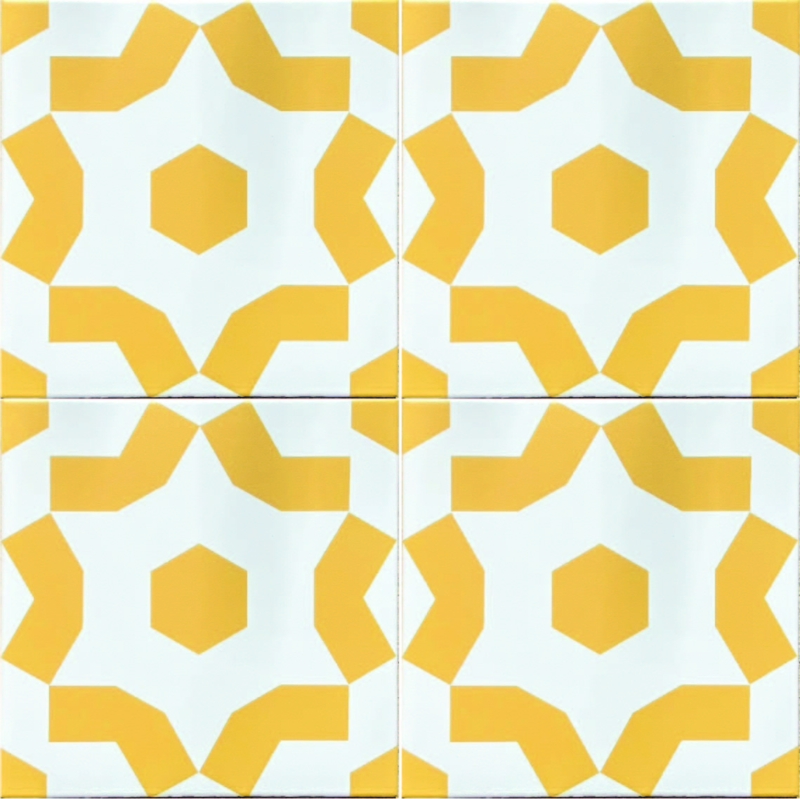 Tile Mustard Yellow White Geometric Starburst Motif Matte Interlocking