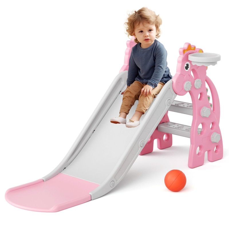 Toddler Slide Giraffe Silhouette Basketball Hoop Pink and Grey Plastic Toy