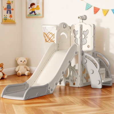 Toddler Slide Neutral Color Palette with Animal Themed Cutouts & Hoop