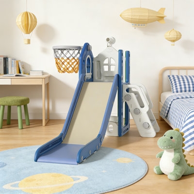 Toddler Slide Playset Castle Themed Sides Blue and White Basketball Hoop