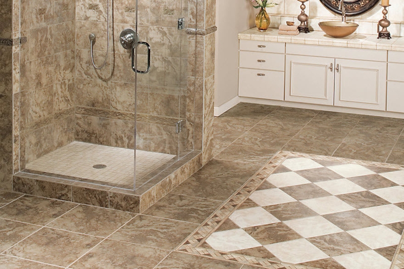 Traditional Bathroom Checkered Floor Inset Stone Look Tiling
