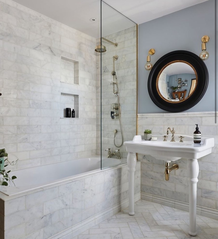 Traditional Bathroom Marble Subway Tile Herringbone Floor