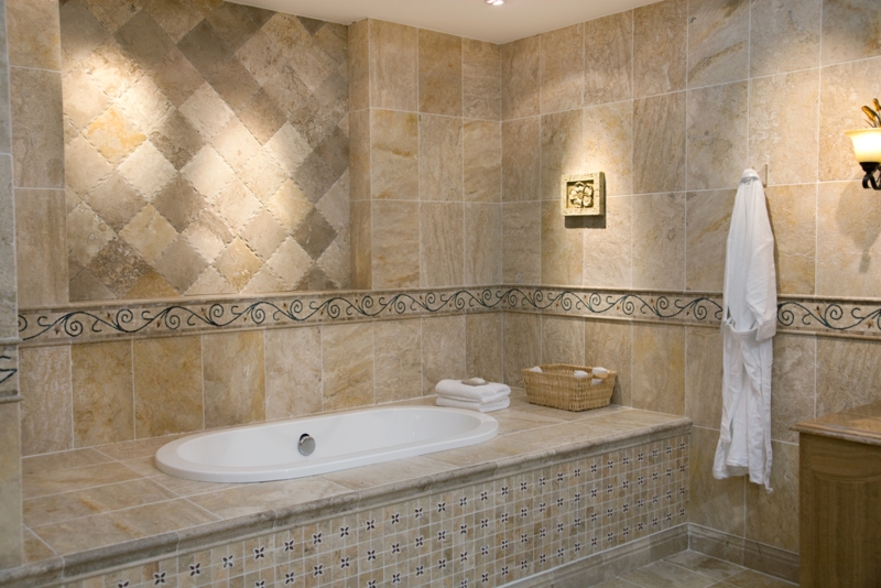 Traditional Bathroom Tiled Tub Surround Scroll Border