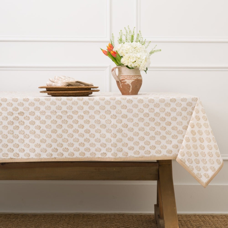 Traditional Beige Block Print Floral Tablecloth, Border Trim