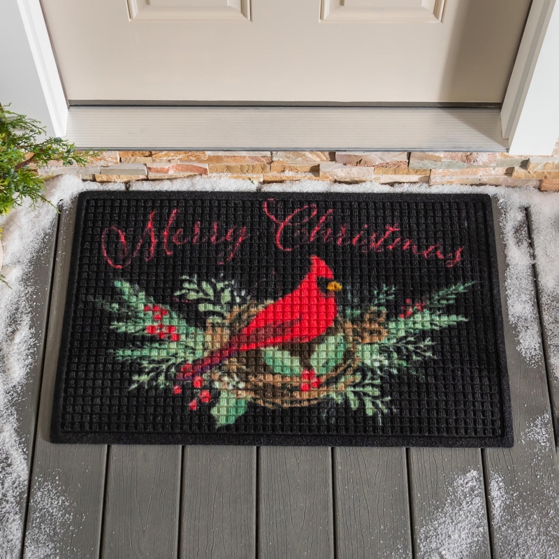 Traditional Black Doormat with Waffle Texture and Cardinal Graphic