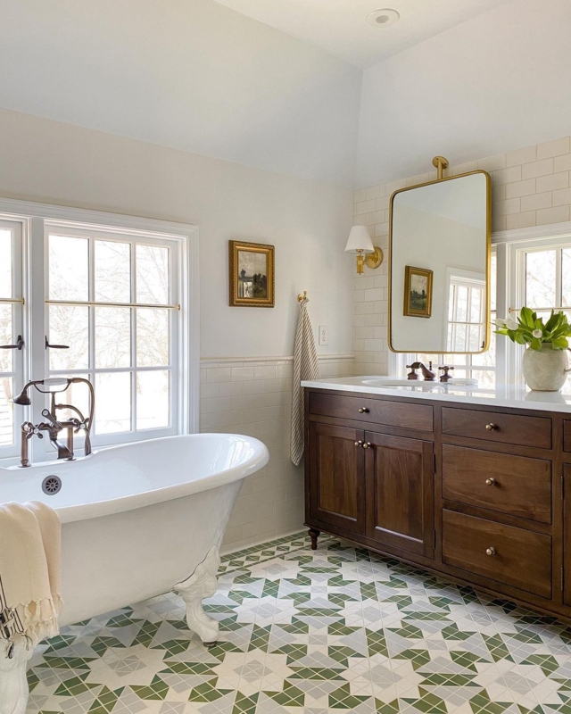 Traditional Clawfoot Tub Bathroom Geometric Tile Dark Wood Vanity