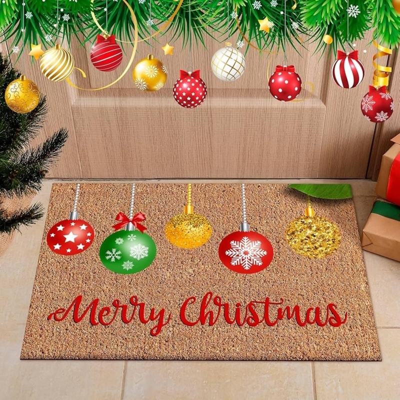 Traditional Coir Doormat with Cursive Merry Christmas Ornament Motif