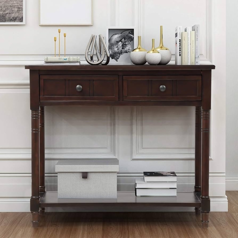 Traditional Console Table Espresso Finish with Turned Legs & Drawers