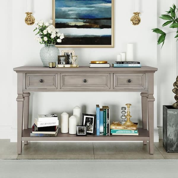 Traditional Console Table Gray Wash Three-Drawer Storage