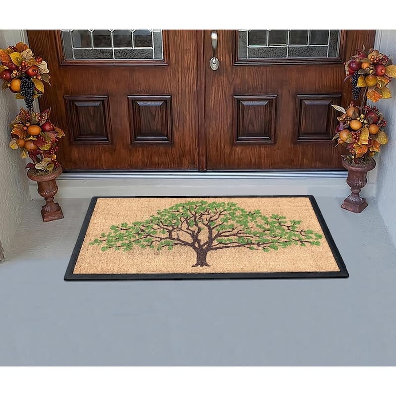Traditional Doormat Tree Graphic Black Border Natural Coir Welcoming