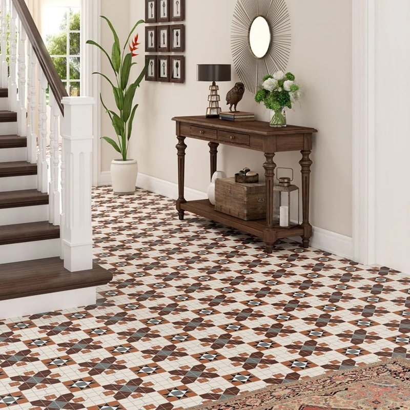 Traditional Hallway with Geometric Tiles and Wood Console Table