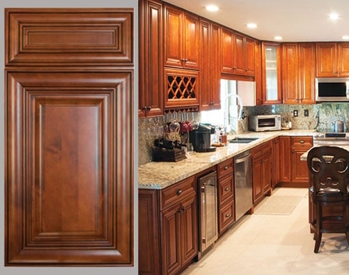 Traditional Kitchen Cabinets: Reddish-Brown Raised Panel, Wine Rack