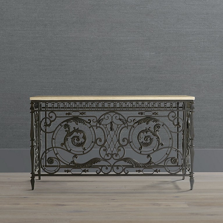 Traditional Ornate Console Table Scrolling Acanthus Metal Stone