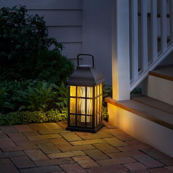 Traditional Solar Lantern, Black, Flicker Flame, Grid Overlay, Patio