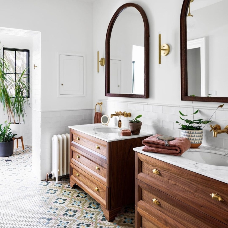 Transitional Bathroom Arched Mirrors Mosaic Floor Brass Accents