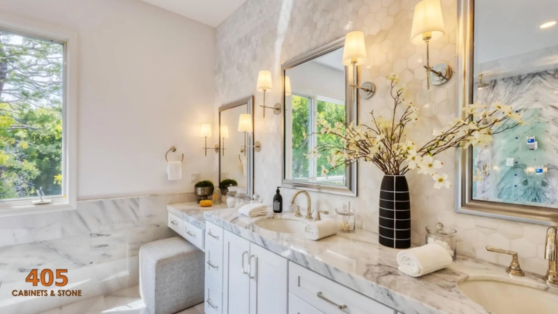 Transitional Bathroom Vanity with Hexagonal Tile & Makeup Nook