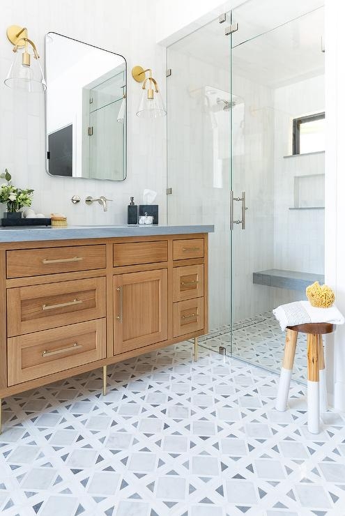 Transitional Bathroom Wood Vanity Brass Accents Geometric Floor Tile