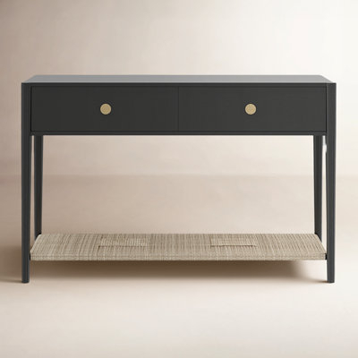Transitional Console Table Charcoal Grey with Woven Lower Shelf