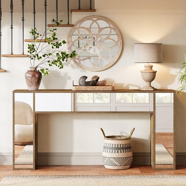 Transitional Console Table with Mirrored Front Panels & Wood Frame