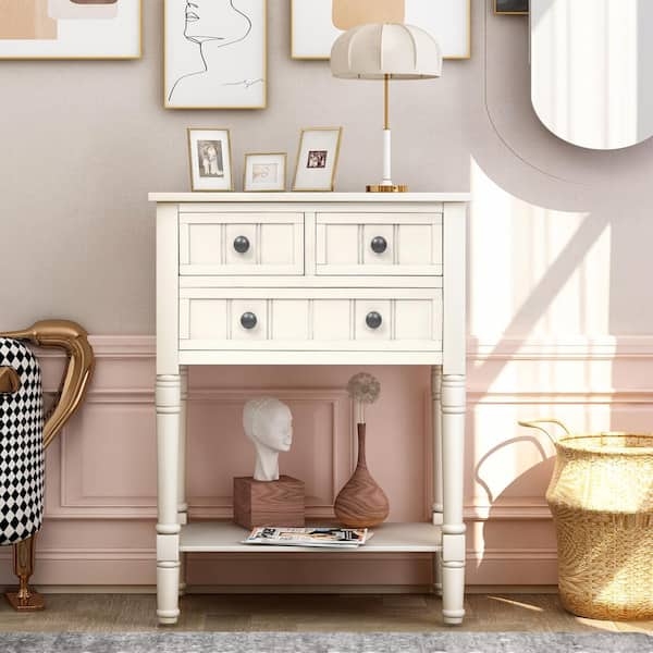 Transitional Ivory Console Table with Paneled Drawer Fronts and Shelf