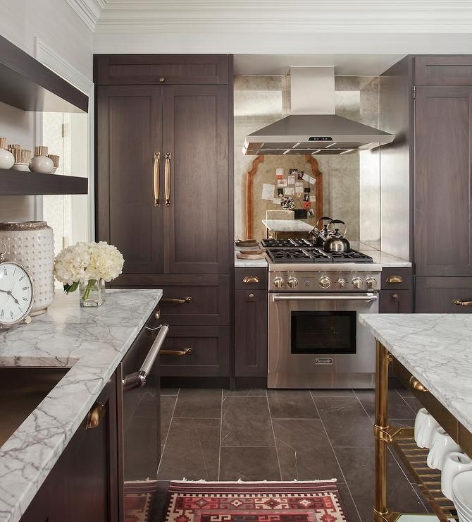 Transitional Kitchen: Dark Shaker Cabinets, Antique Mirrored Backsplash